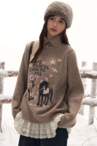 Pony Lapel Collar Knit Top