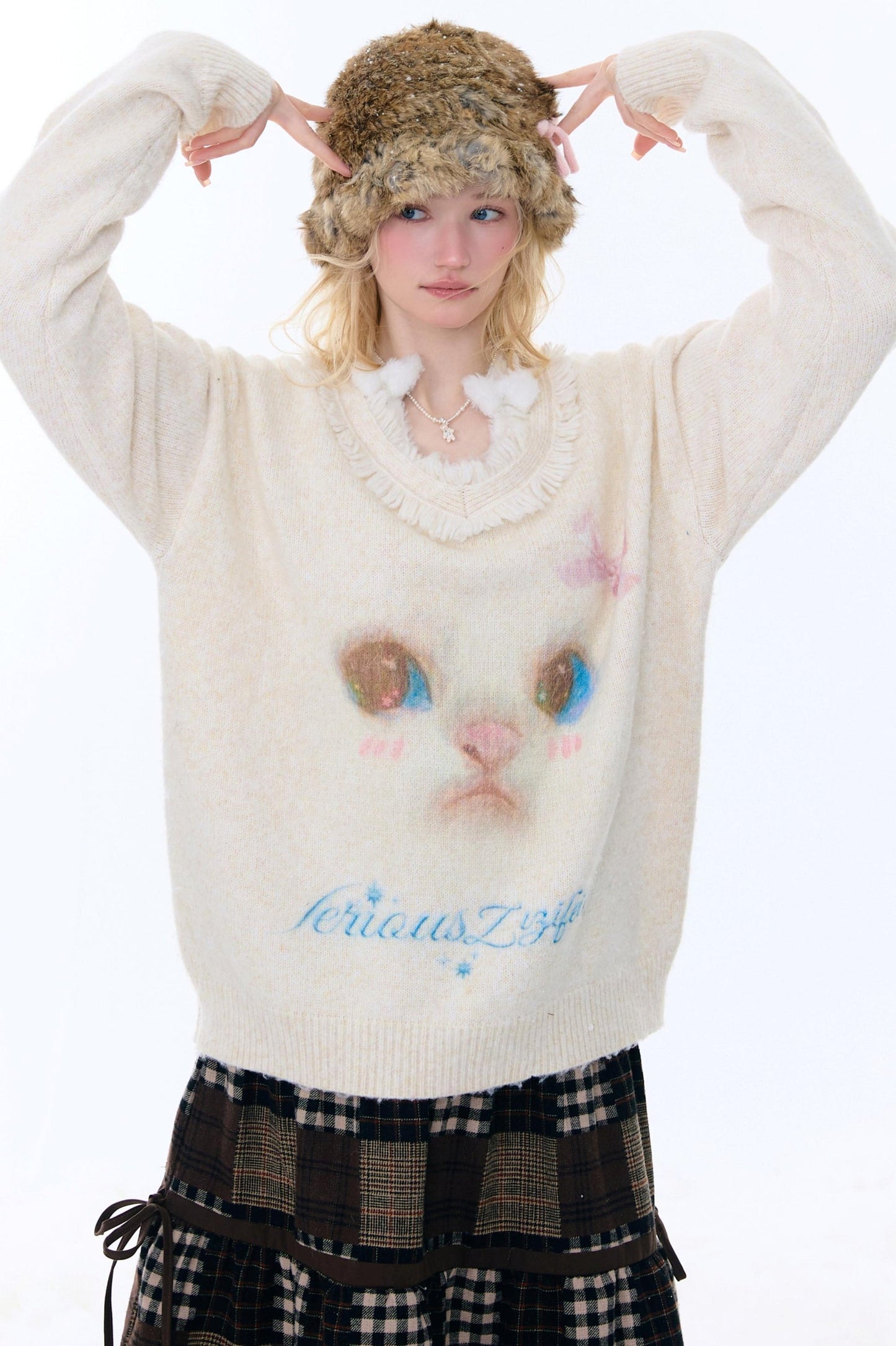 Retro Cat Plush Collar Sweater