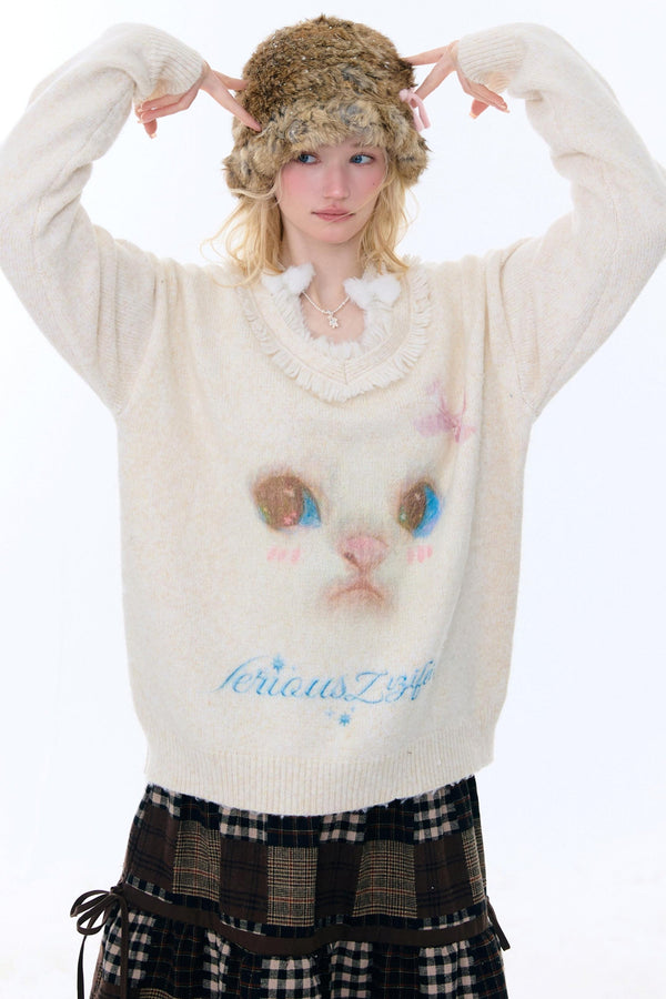 Retro Cat Plush Collar Sweater