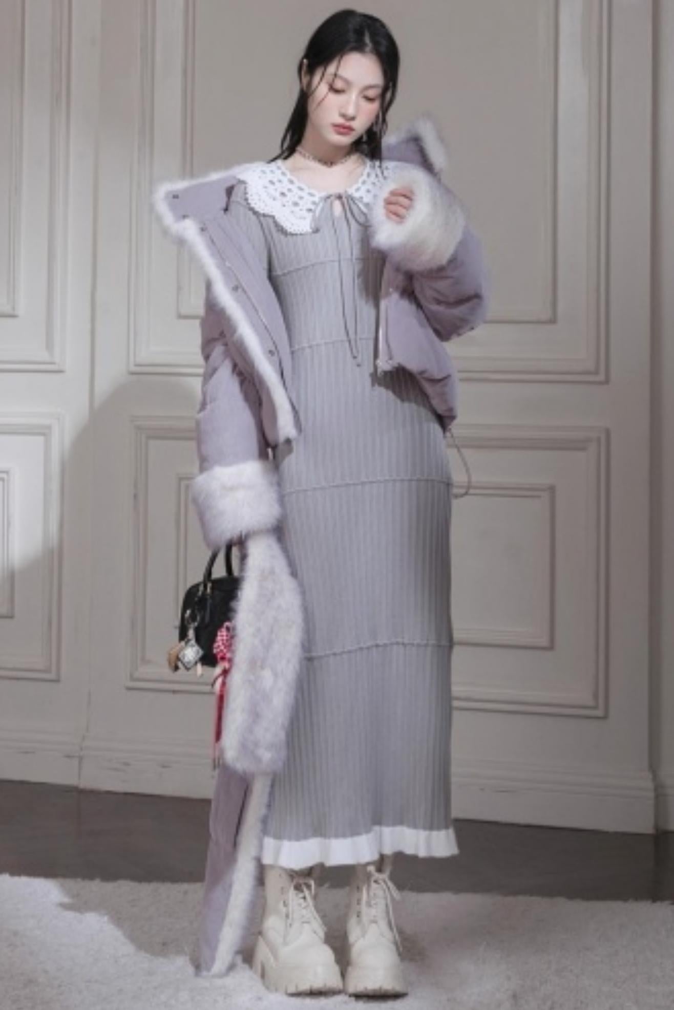 スーチュアンミストグレイフリルロングドレス