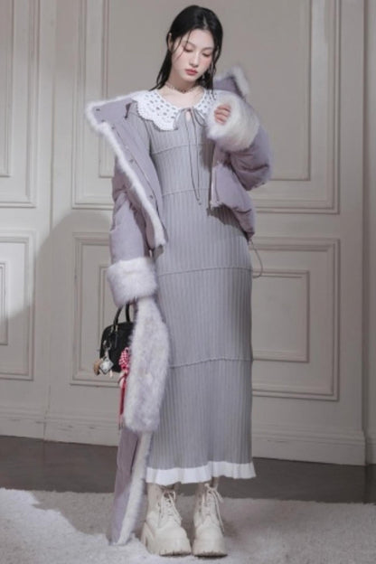 スーチュアンミストグレイフリルロングドレス