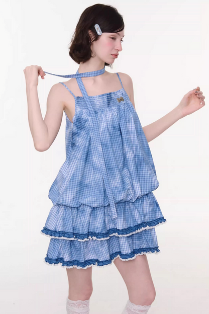 扎染蓝色格子蕾丝连衣裙