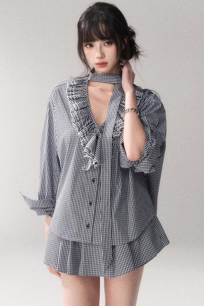 Blue Plaid Lace Blouse + Skirt