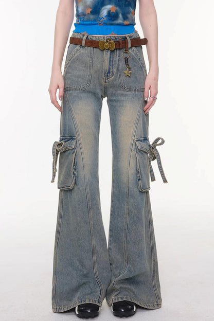 Ribbon Osh Pocket Flare Denim Pants