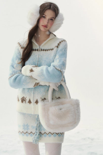 Island Fur Fair Isles Knit Top + Tight Knit Skirt