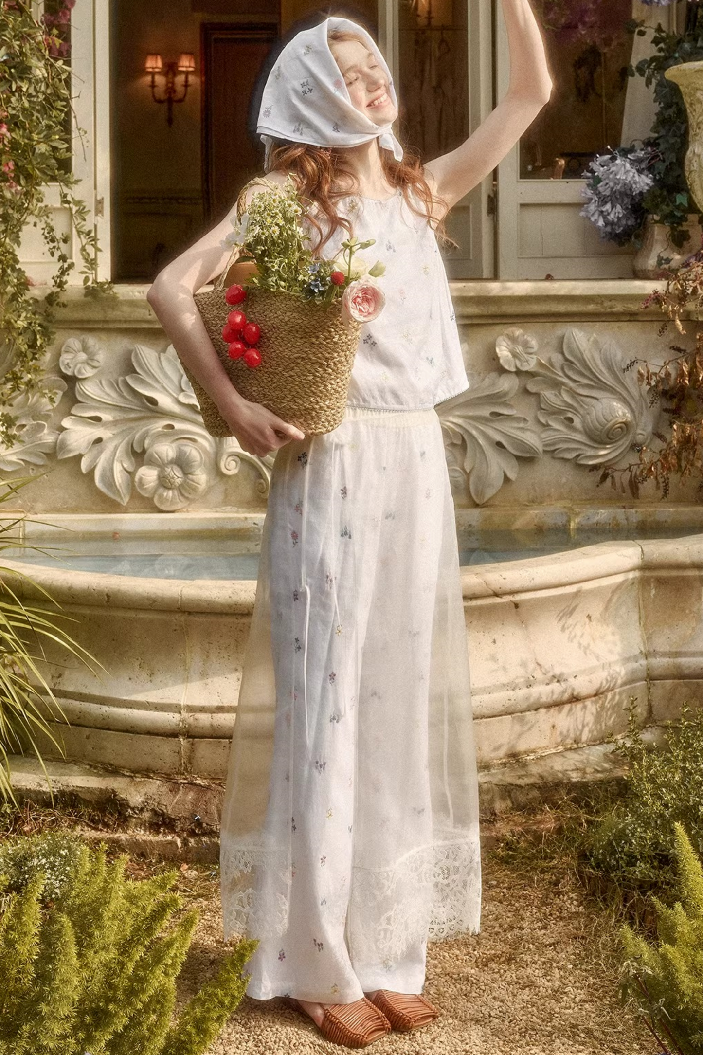 レトロフラワードレス+トップス+パンツ+カーテン+スカーフ