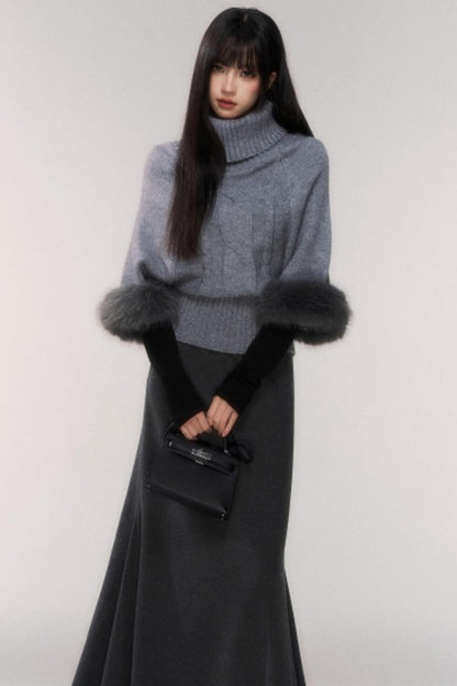 Gray Knit Twist Cape Sweater