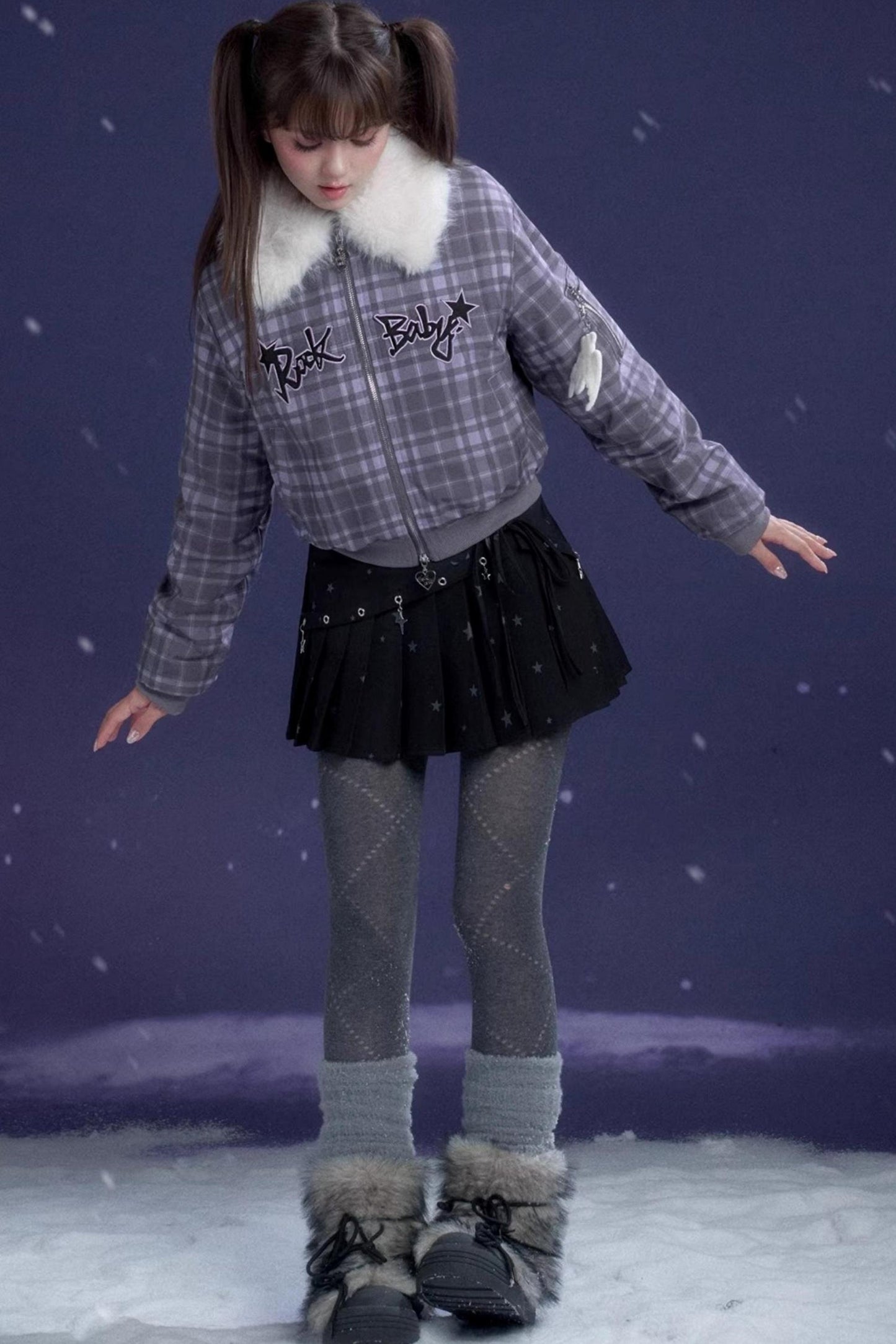 Purple Check Fur Collar Jacket