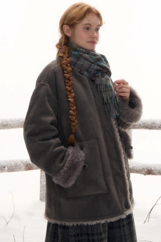 Reversible suede stand collar fur coat