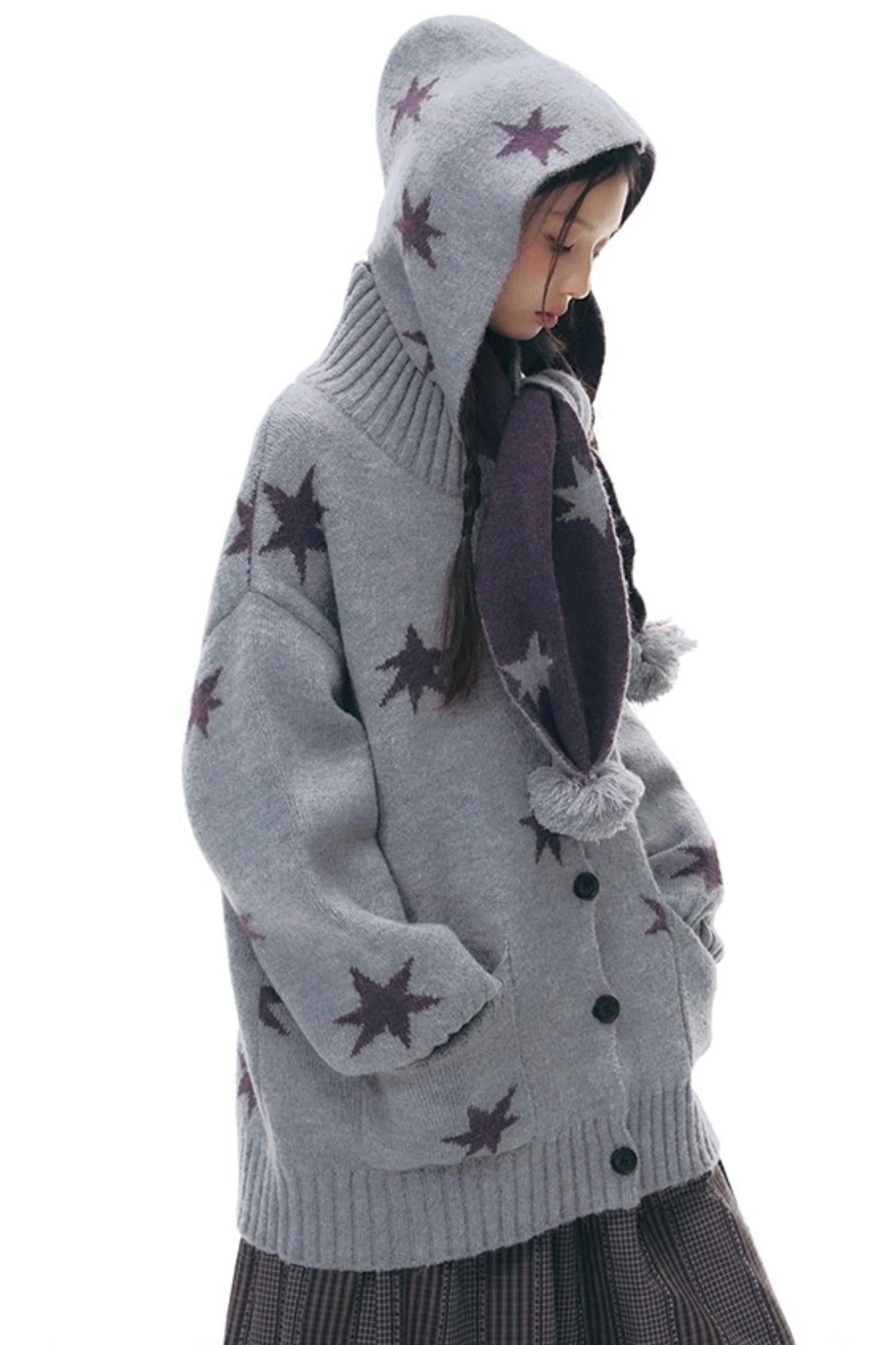 Reversible Star Cardigan + Fur Ball Hooded Scarf