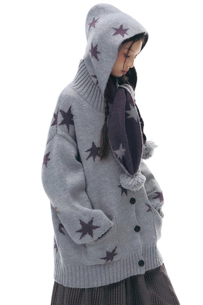 Reversible Star Cardigan + Fur Ball Hooded Scarf