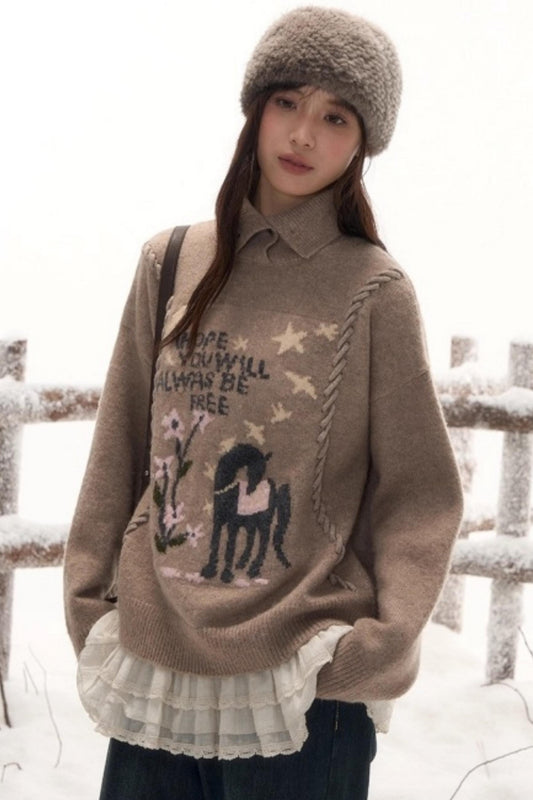 ポニーラペルカラーニットトップス