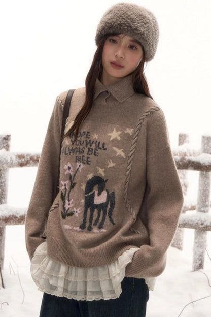 ポニーラペルカラーニットトップス