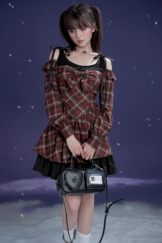 レッドアンドブラウンチェックドレス