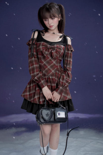 レッドアンドブラウンチェックドレス