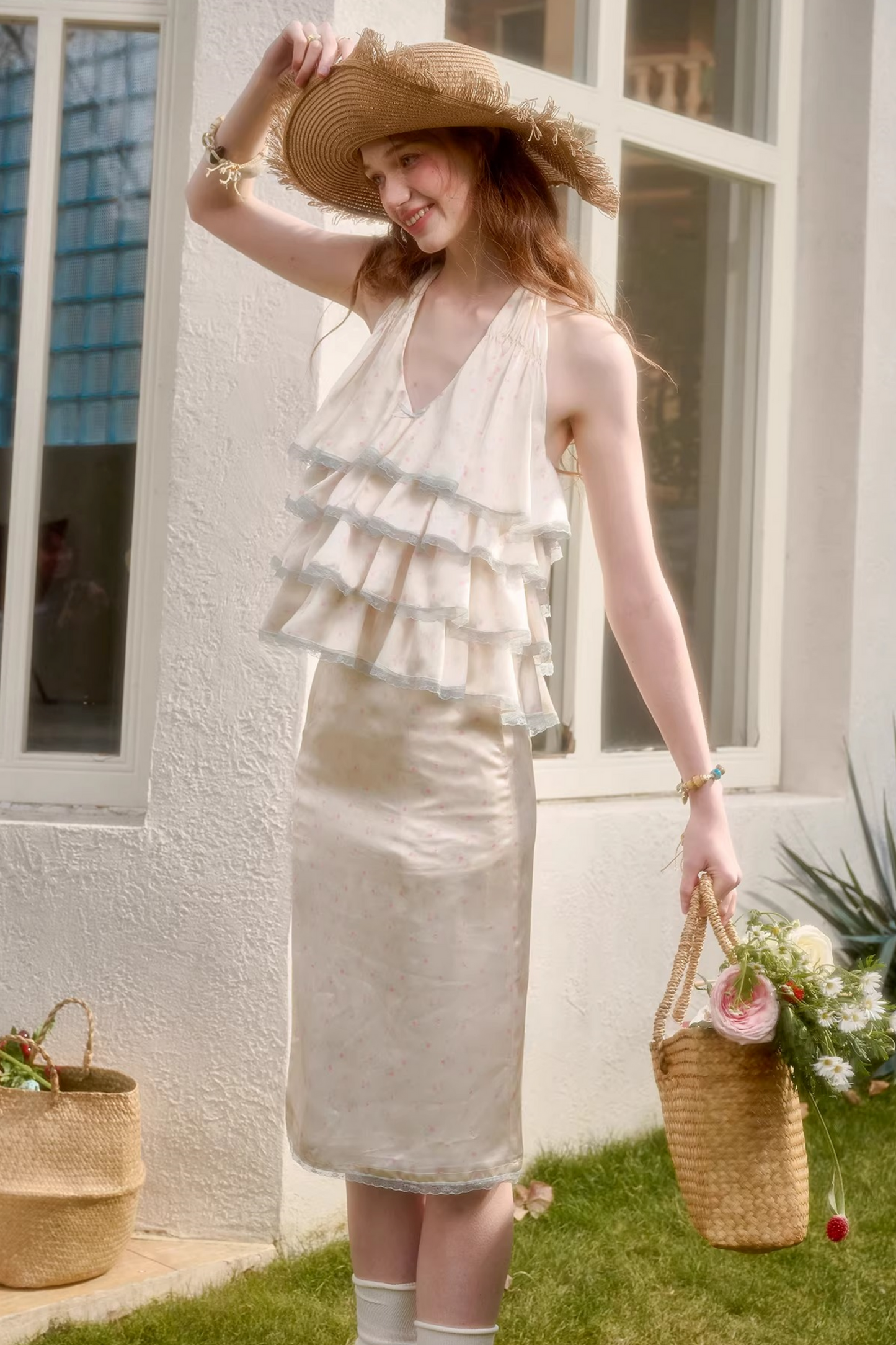 Lemon Floral Satin Lace Top + Skirt