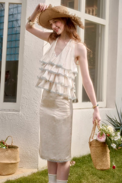 Lemon Floral Satin Lace Top + Skirt