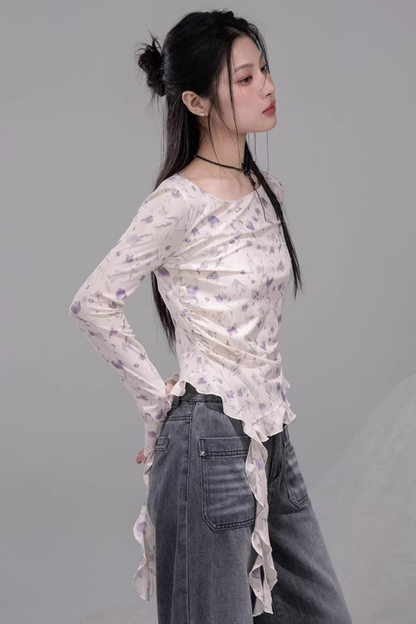 シアーアシメフローラルトップス