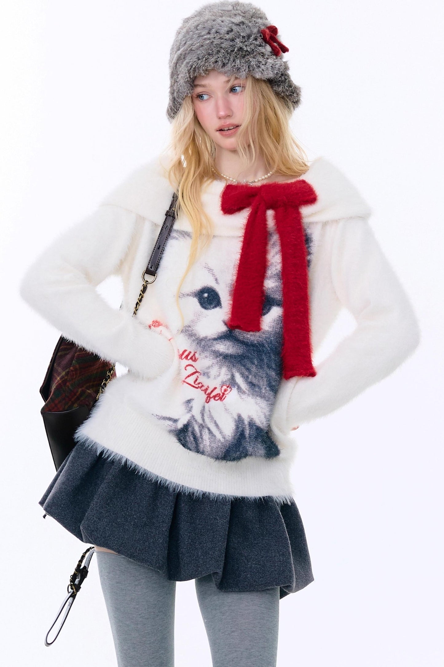 Cat print off-the-shoulder sweater