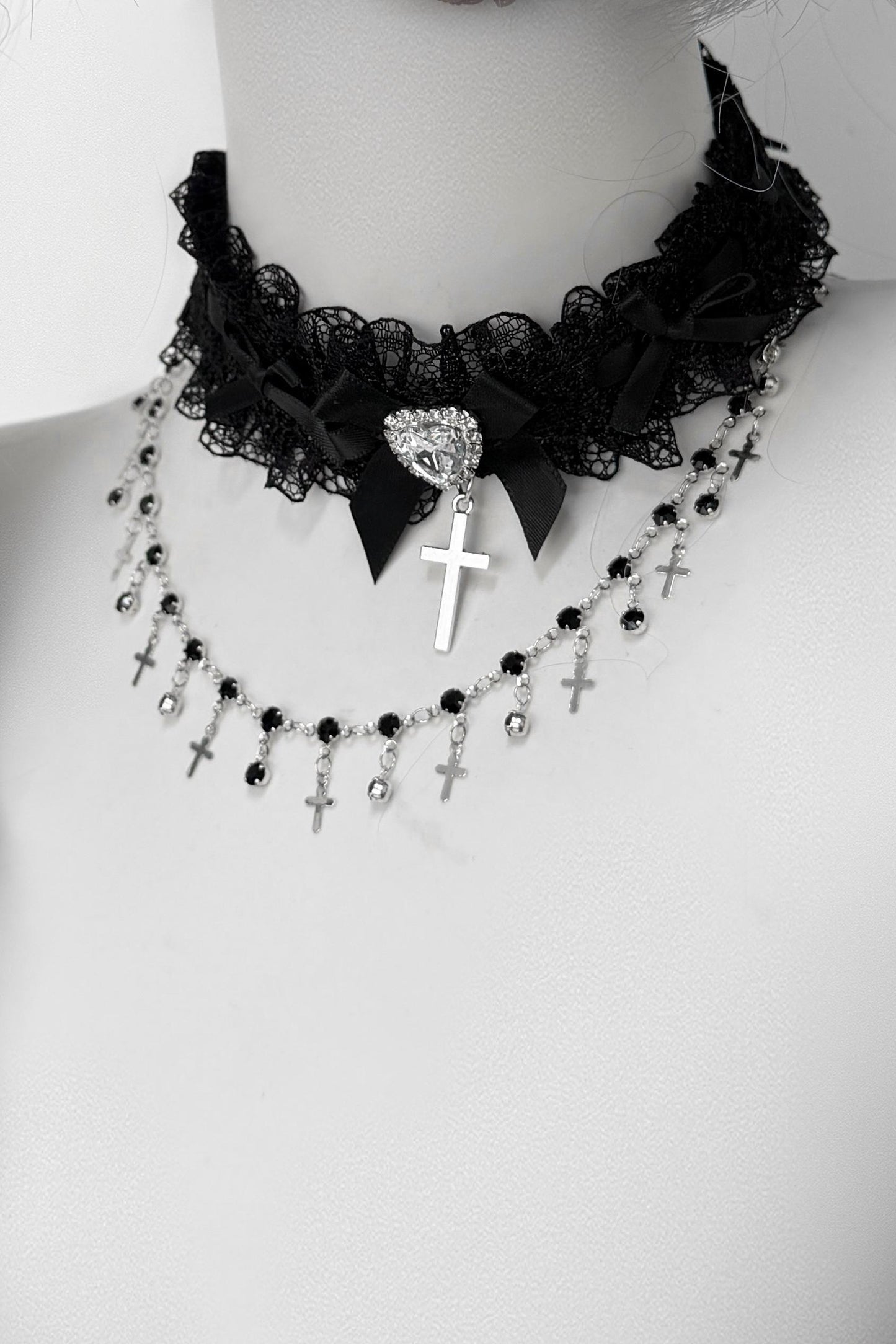 Lace Rhinestone Cross Heart Choker