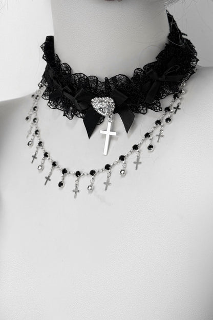 Lace Rhinestone Cross Heart Choker