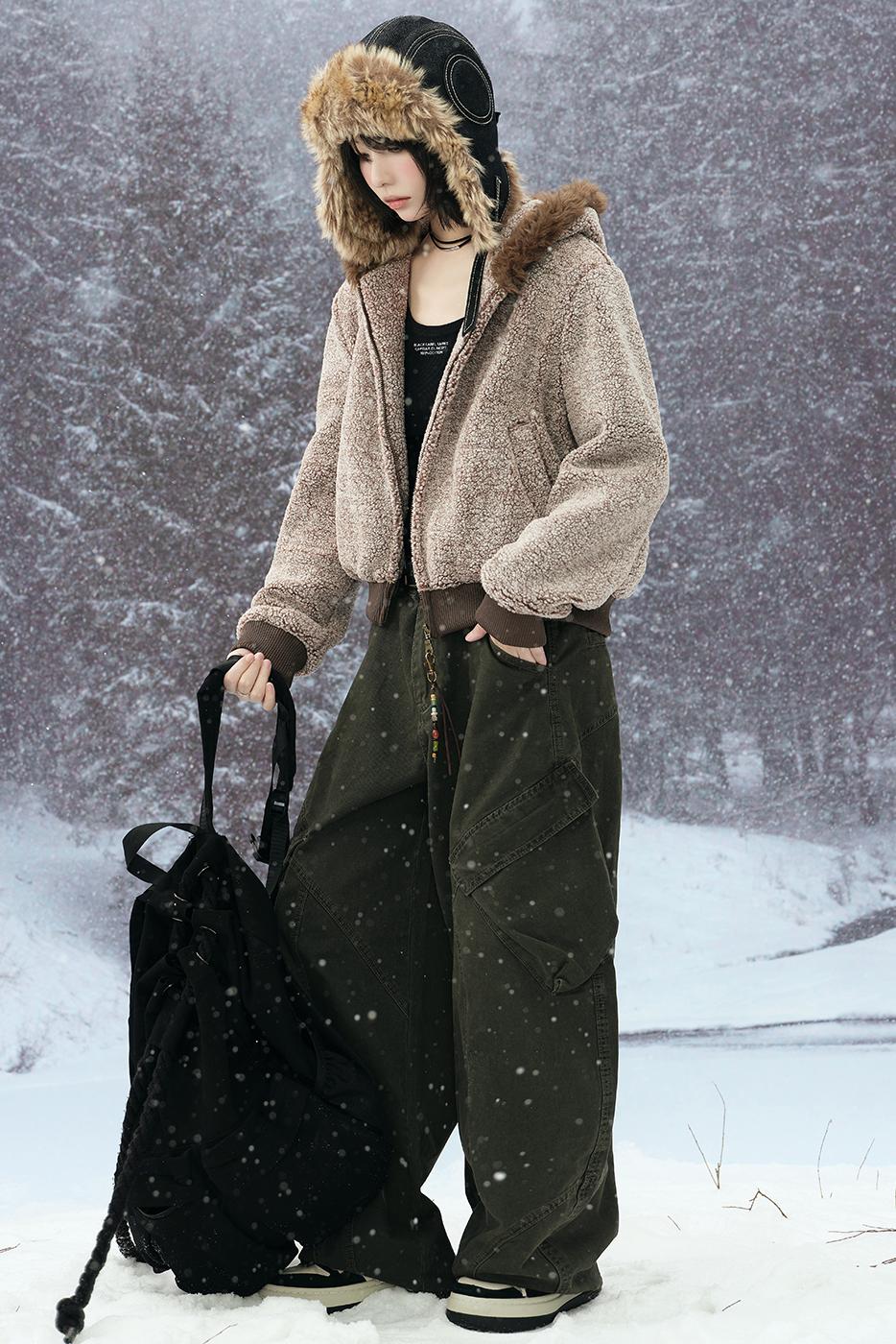 Wool Fur Collar Hooded Jacket