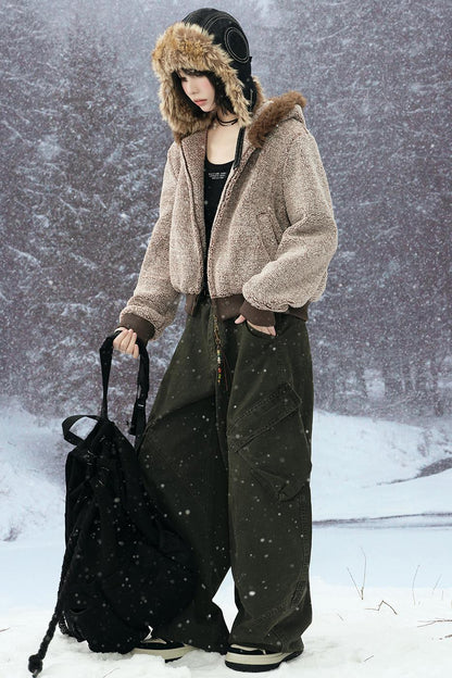 Wool Fur Collar Hooded Jacket