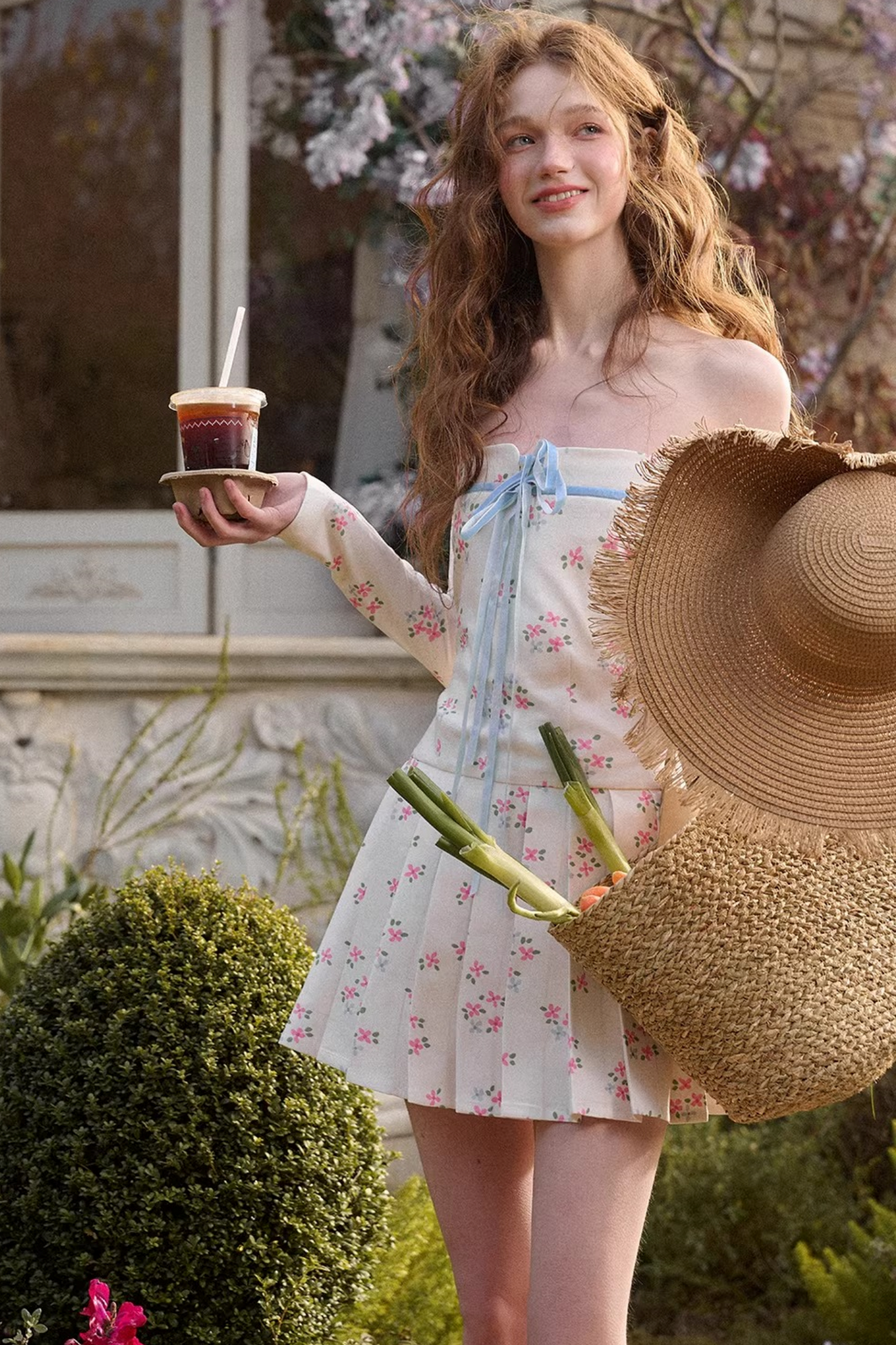 블루 벨벳 꽃무늬 리본 드레스