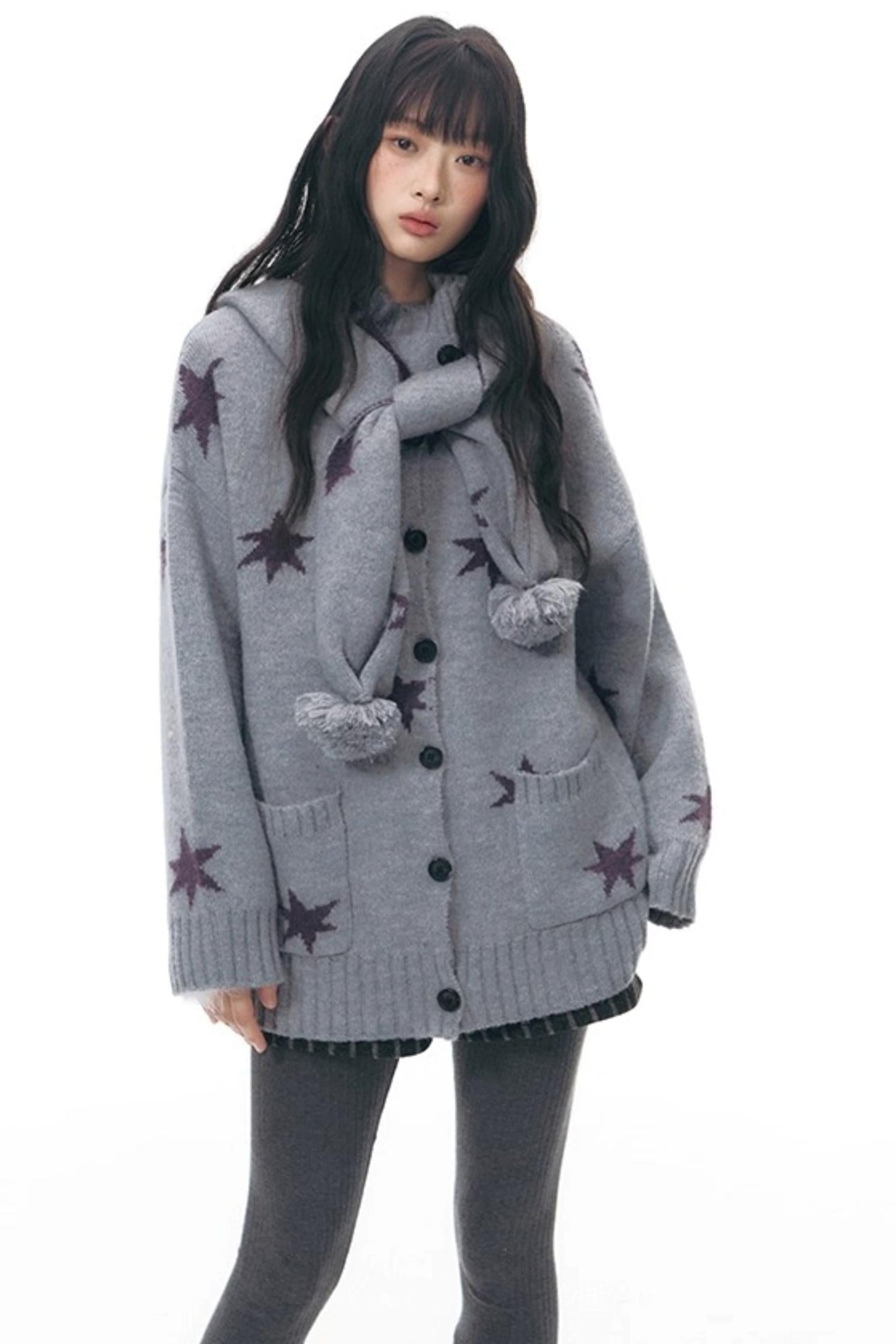 Reversible Star Cardigan + Fur Ball Hooded Scarf