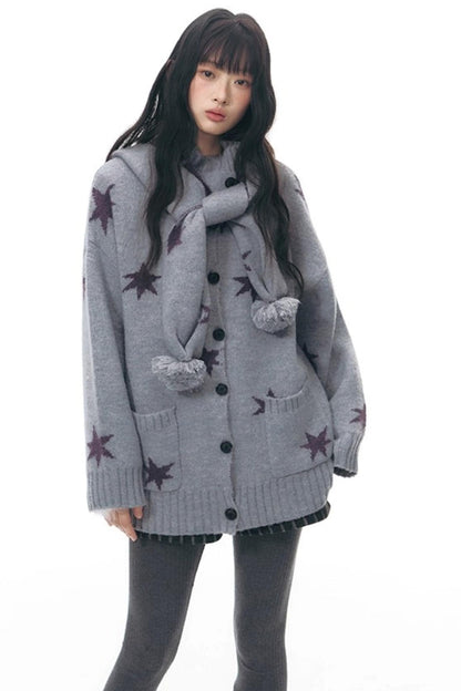 Reversible Star Cardigan + Fur Ball Hooded Scarf
