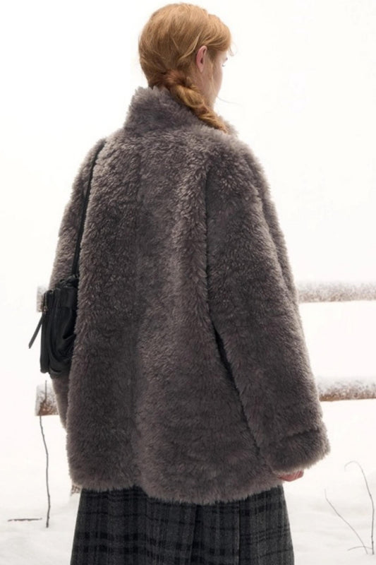 Reversible suede stand collar fur coat