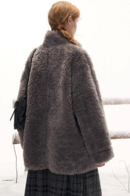 Reversible suede stand collar fur coat