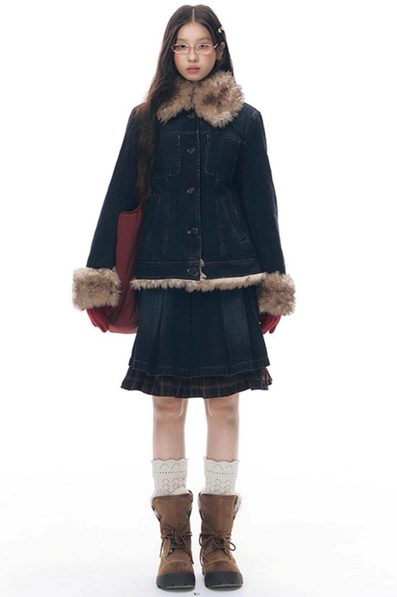 ファーカラーデニムジャケット+スカート