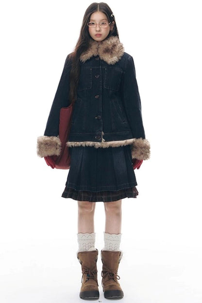 ファーカラーデニムジャケット+スカート