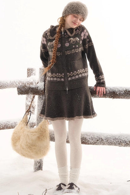 ポニーデザインジップニットトップス+ニットスカート