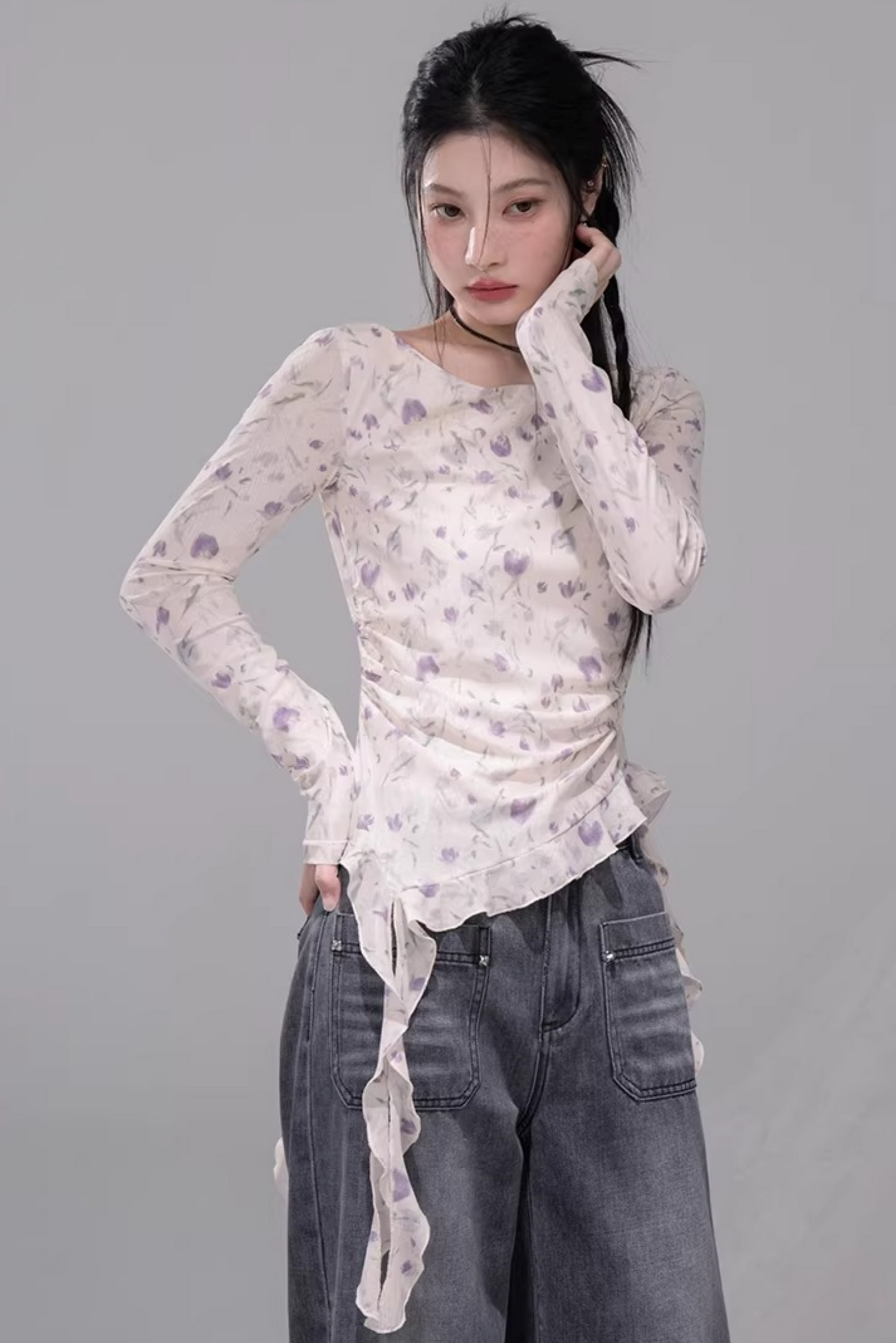 シアーアシメフローラルトップス