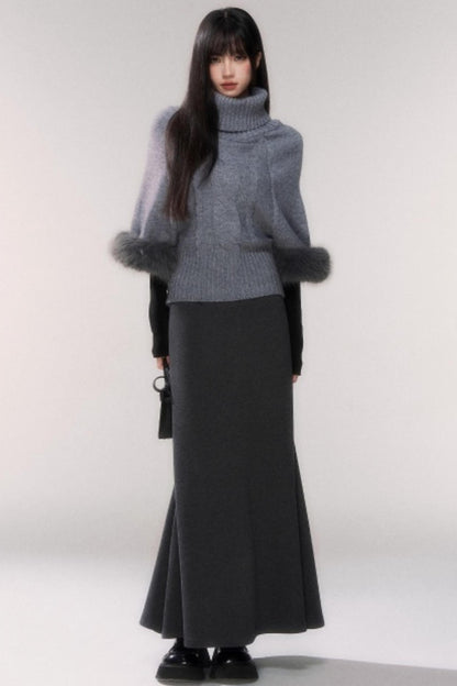 Gray Knit Twist Cape Sweater