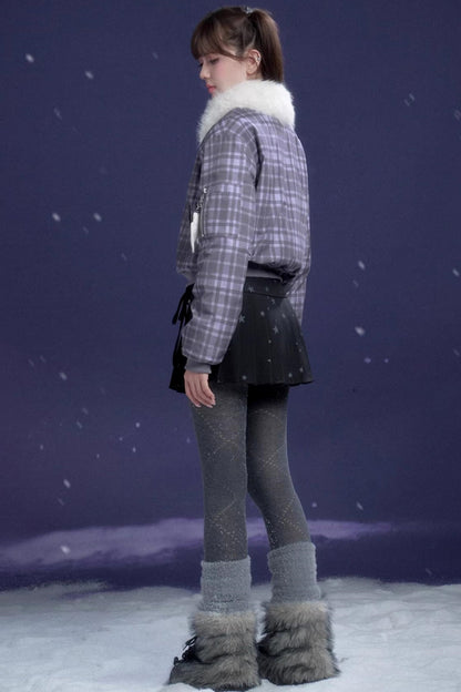 Purple Check Fur Collar Jacket