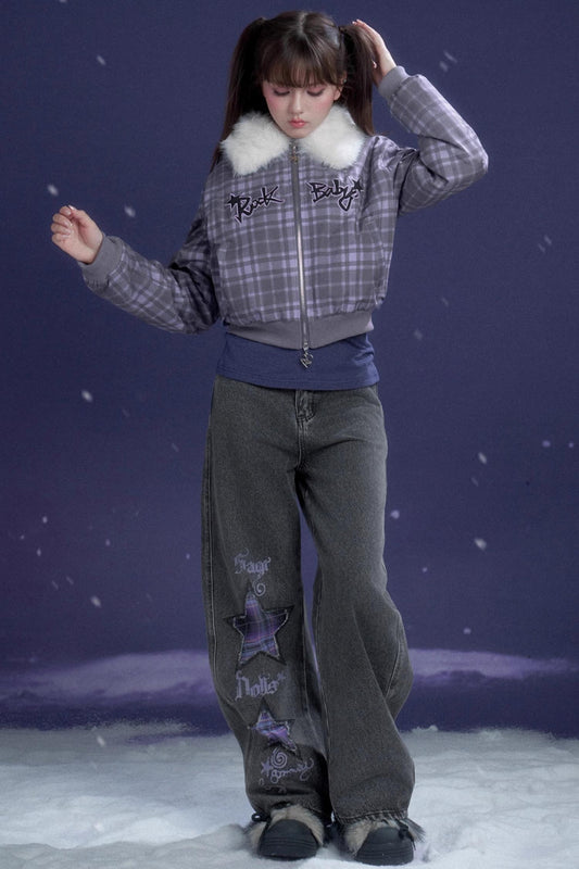 パープルチェックファーコラージャケット