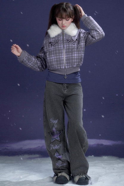 パープルチェックファーコラージャケット