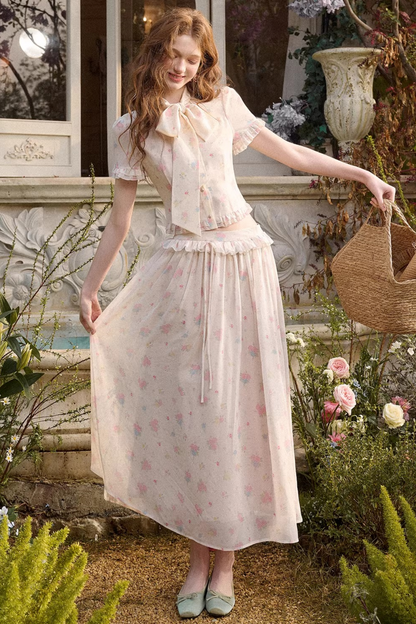 メディテラニアンプリントシフォントップス+スカート