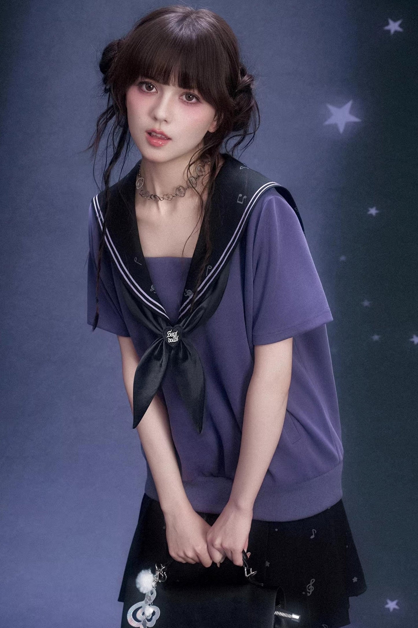 딥 퍼플 세일러 칼라 원피스