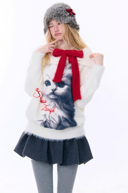 Cat print off-the-shoulder sweater