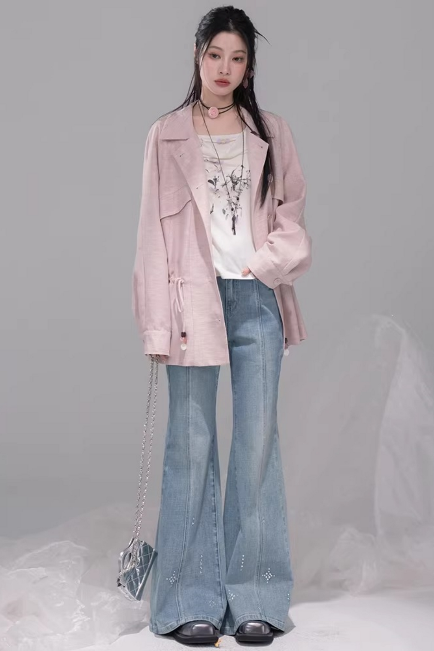 スターレイトブルーラインストーンフレアデニムパンツ