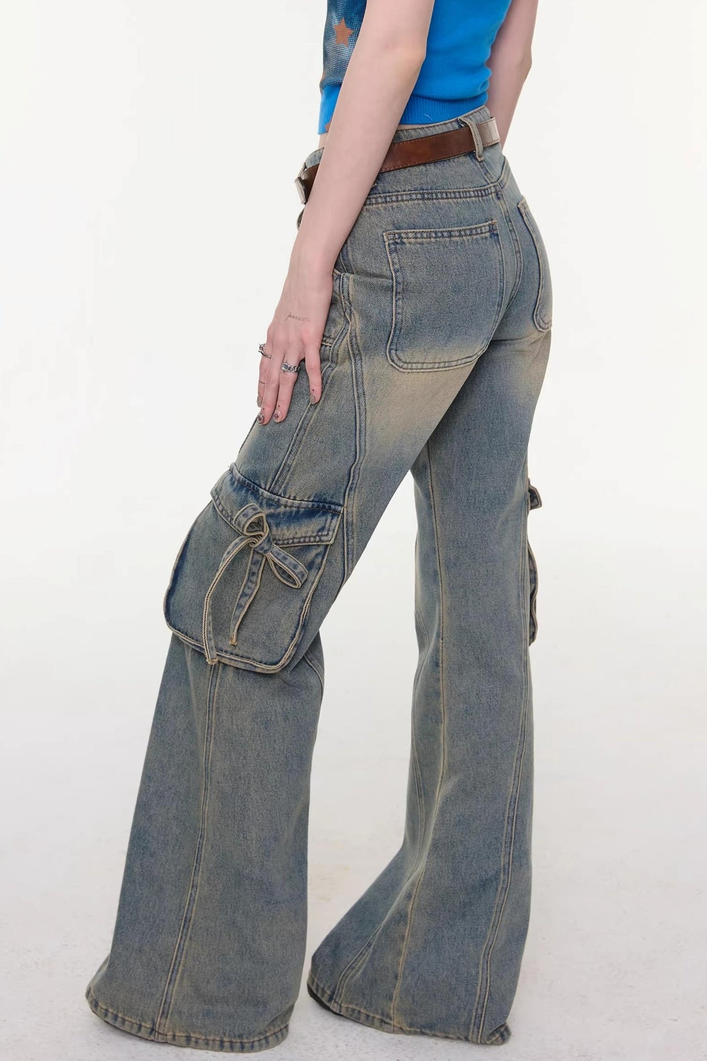 Ribbon Osh Pocket Flare Denim Pants