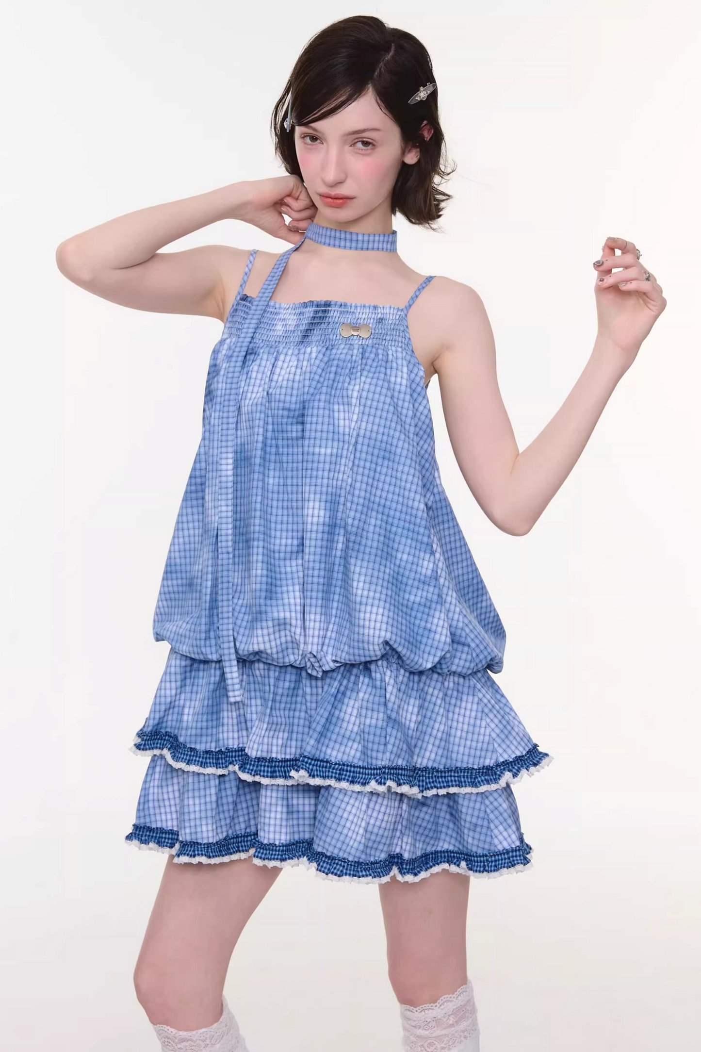 扎染蓝色格子蕾丝连衣裙