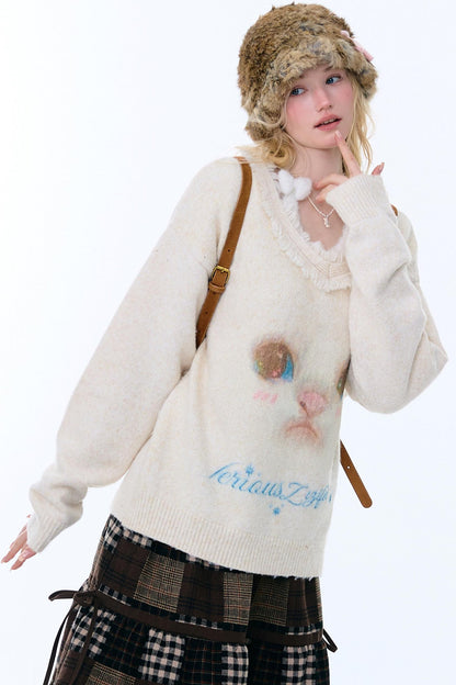 Retro Cat Plush Collar Sweater