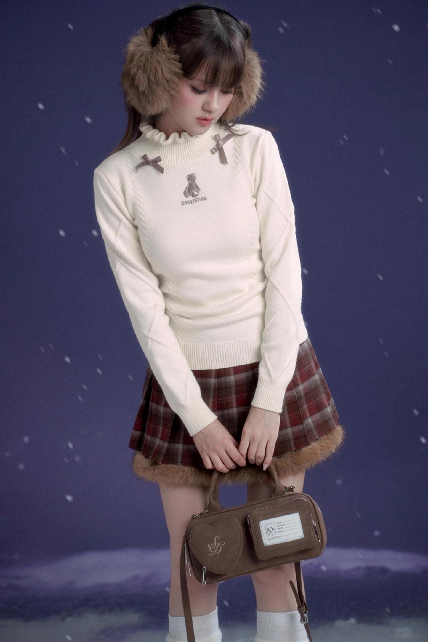 Check Fur Skirt + High Neck Top + Duffle Fur Coat