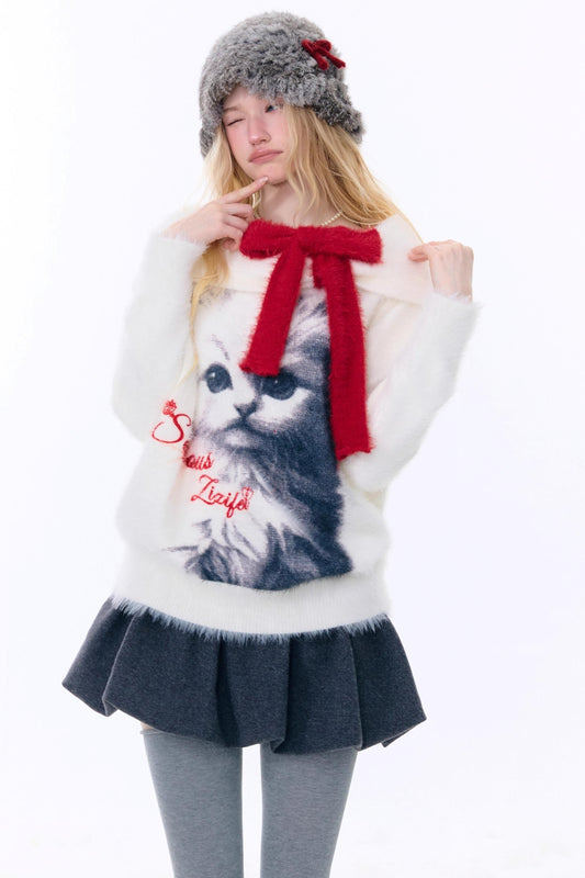 キャットプリントオフショルダーセーター