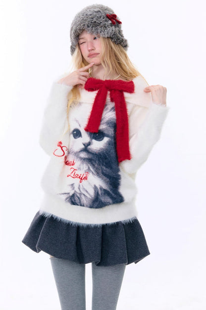 キャットプリントオフショルダーセーター